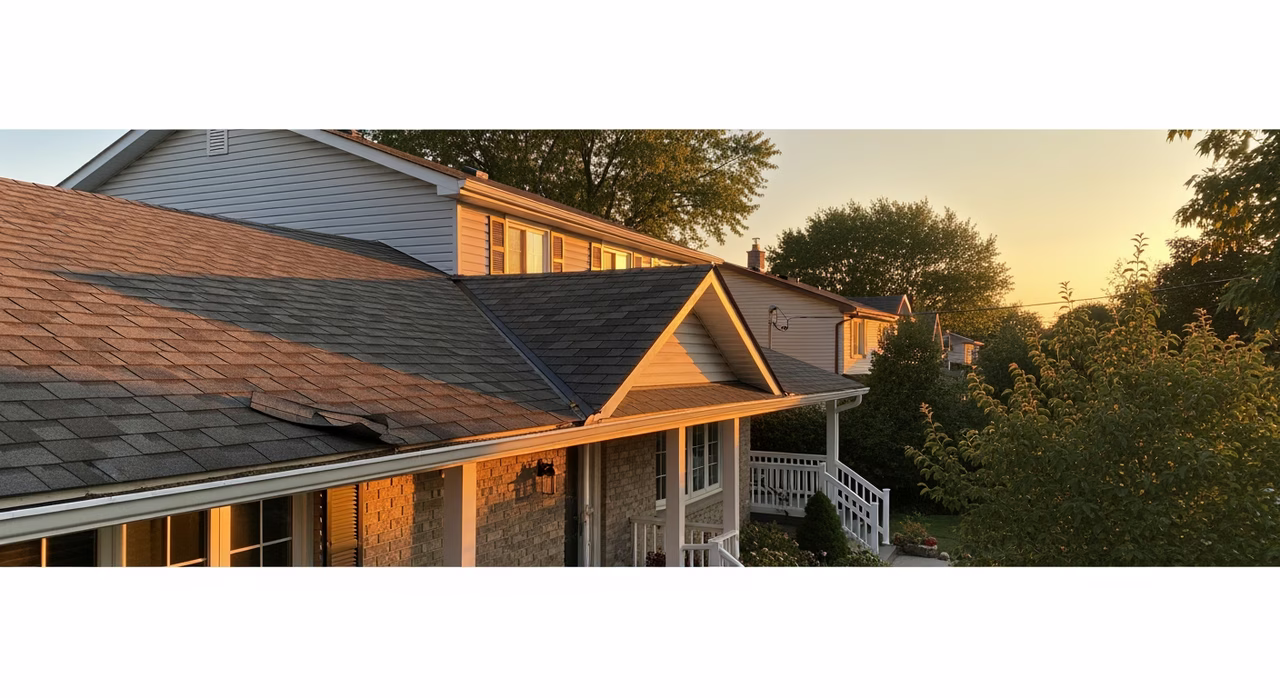 Toronto Etobicoke 1960s detached two-storey home with asphalt shingle roof at 25-year service mark on family street with mature trees at golden hour where mid-life repair scope includes chimney flashing rebuild plus ice-shield retrofit at eave plus partial valley re-shingle
