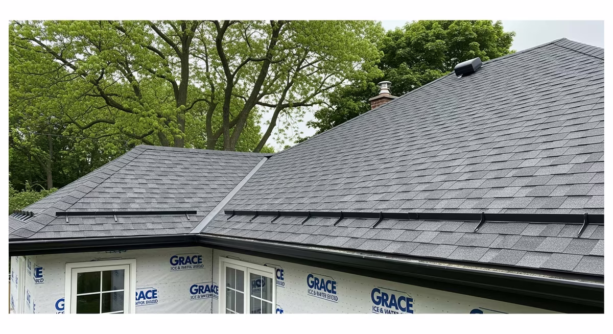 Completed Toronto roof after partial repair showing newly-replaced GAF Timberline HDZ architectural shingles matching existing weathered shingles in Charcoal colour, fresh step + counter chimney flashing with reglet-cut into mortar joint, kick-out flashing visible at roof-wall intersection per OBC 9.27.4