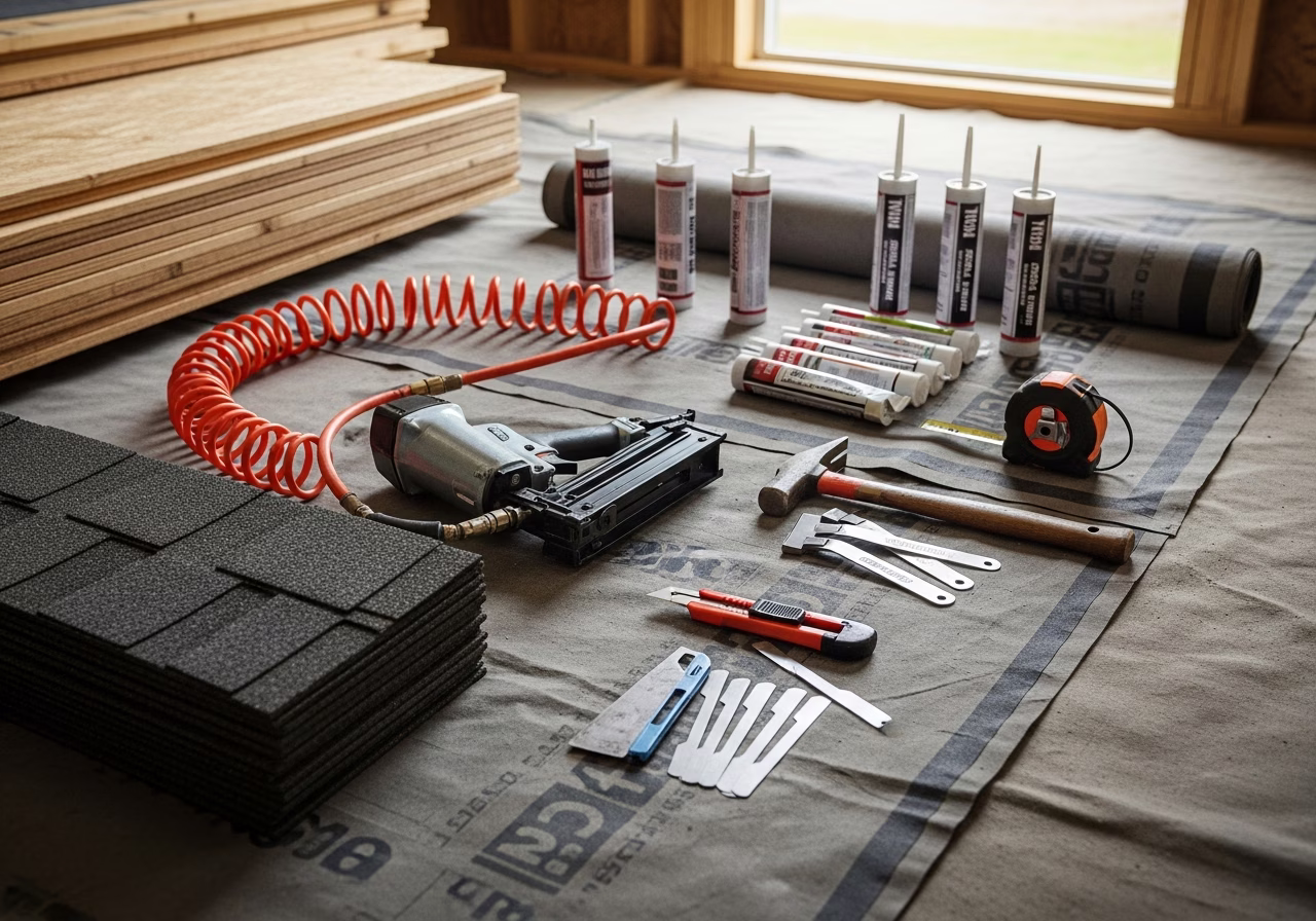 Tools and materials staged for roofing installation in Markham