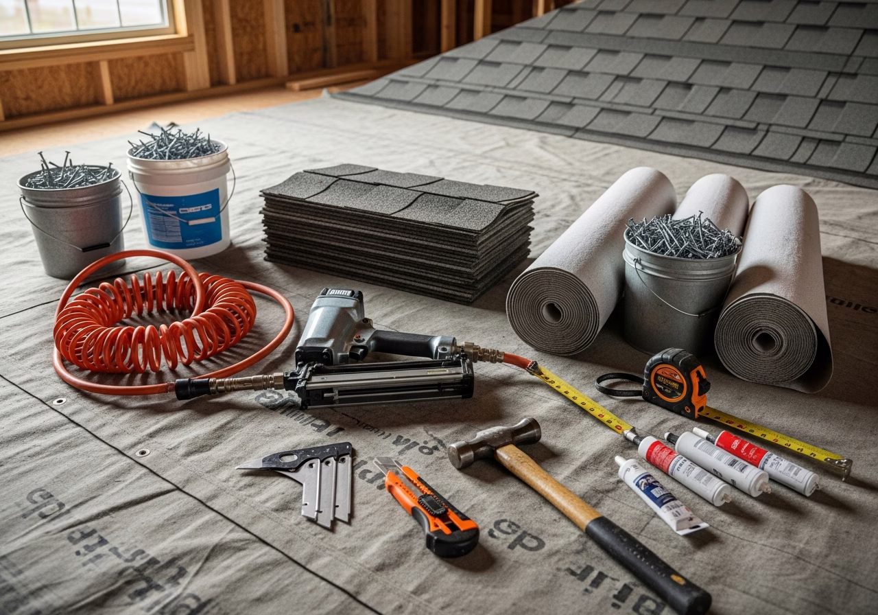 Tools and materials staged for roofing installation in Mississauga