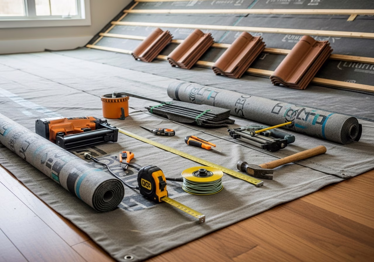 Tools and materials staged for roofing installation in Oakville