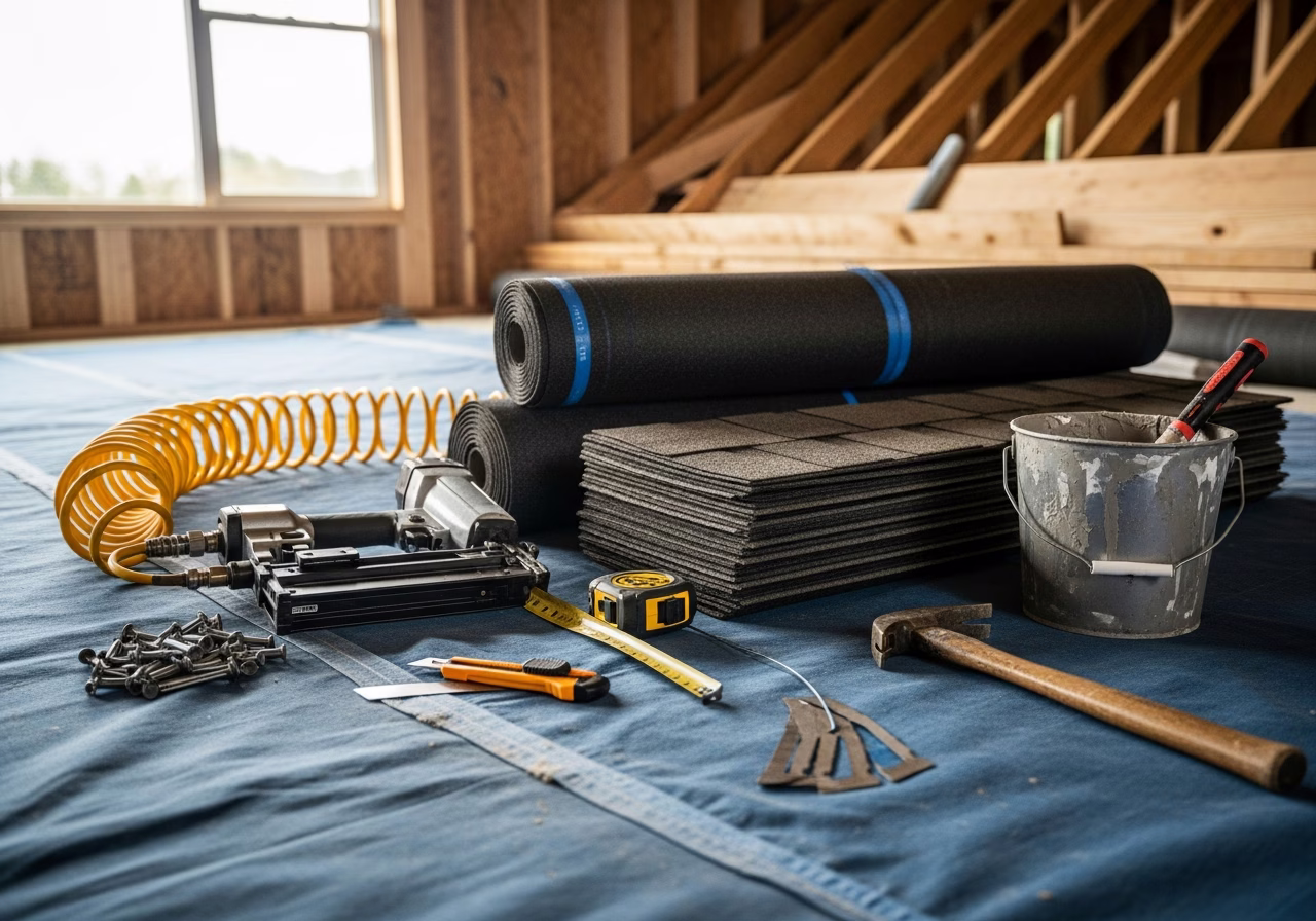 Tools and materials staged for roofing installation in Toronto