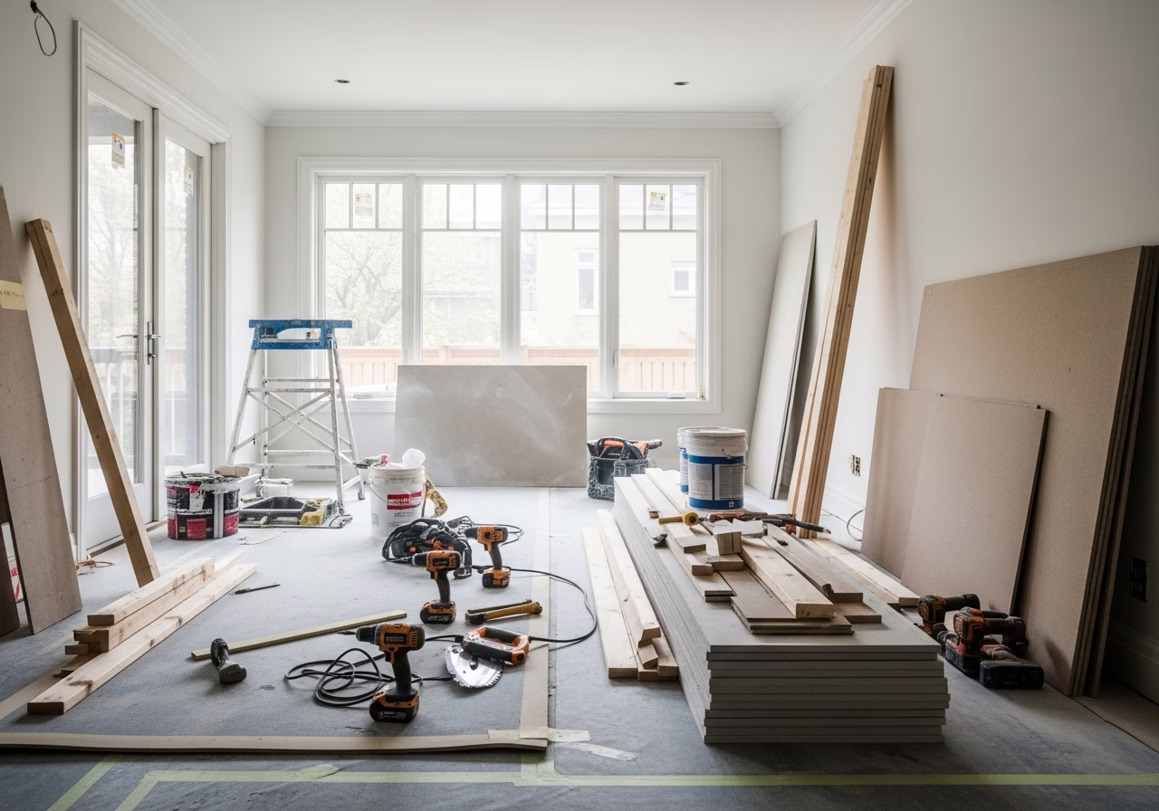 Rosedale Home Renovation in progress: tools, materials, and protective floor covering staged for a Toronto home renovation