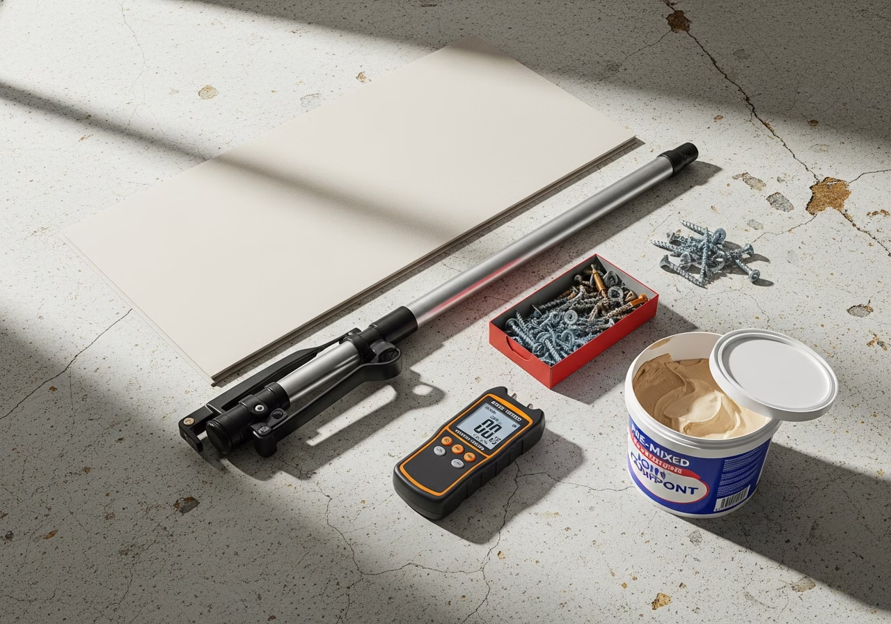 Sagging drywall repair tools — lift pole, reinforcement screws, moisture meter, replacement sheet