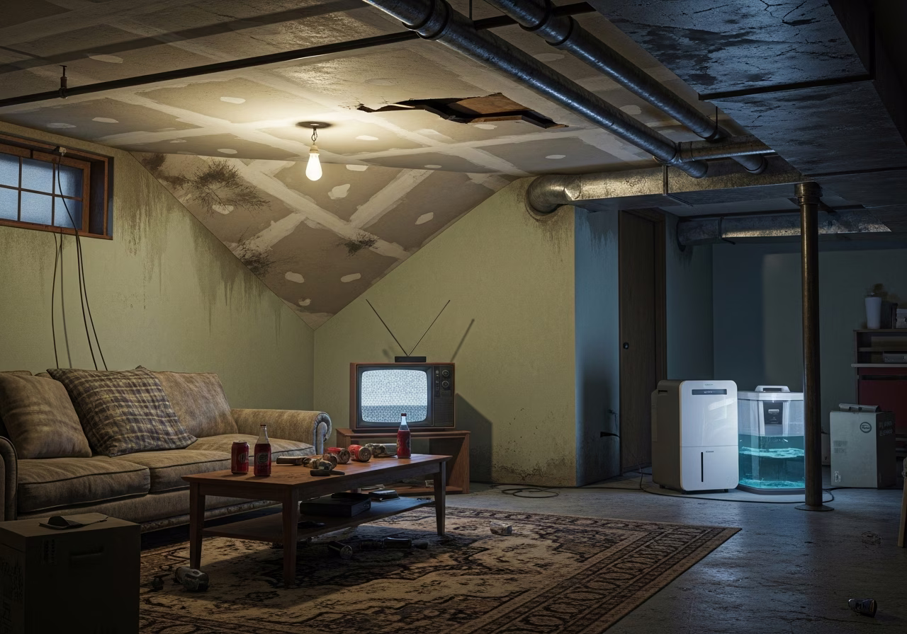 Sagging drywall ceiling in GTA basement family room — moisture-related cause