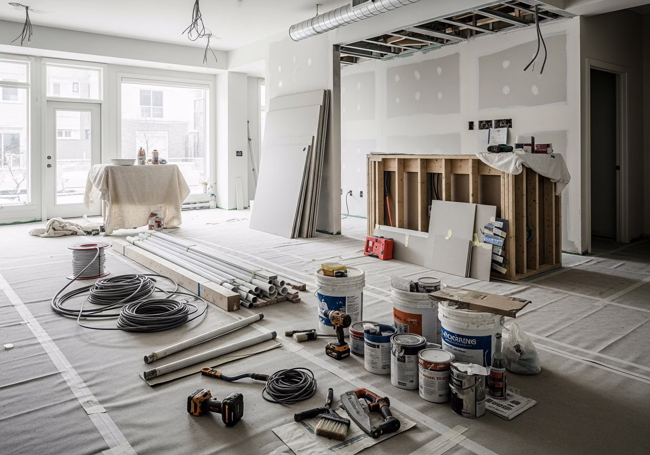 Salon & Spa Buildout in progress: tools, materials, and protective floor covering staged for a Toronto home renovation