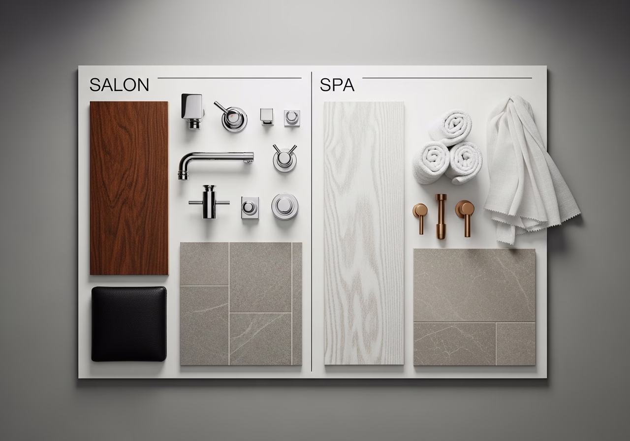 Side-by-side product and material comparison for salon & spa buildout — typical brands and finishes used in Toronto home reno