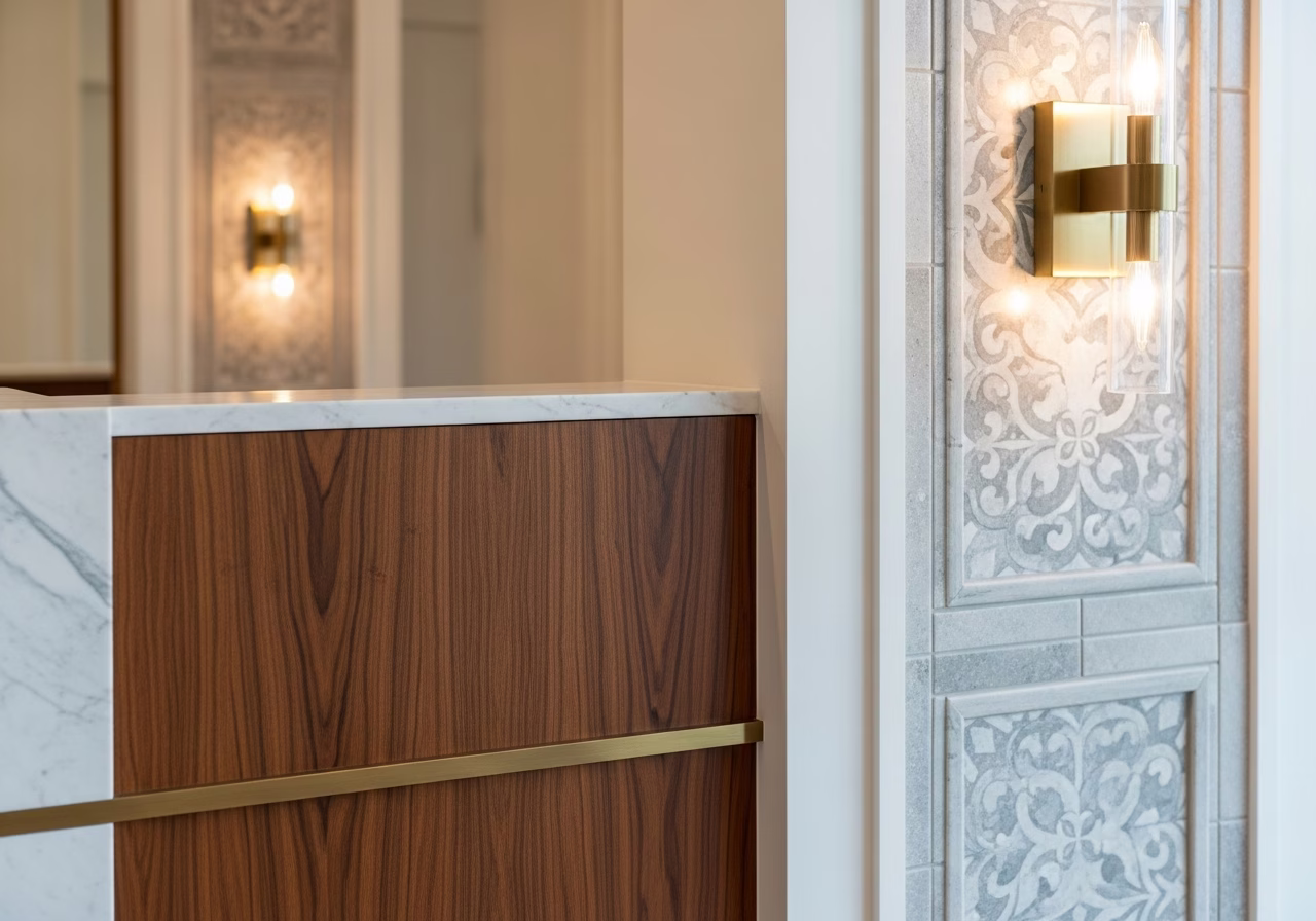 Close-up detail of professionally completed salon & spa buildout showing craftsmanship and finish quality