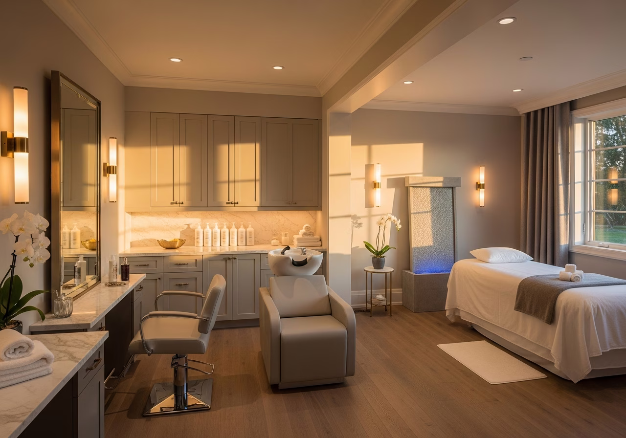 Finished salon & spa buildout result in a Toronto/GTA home, photographed in natural light