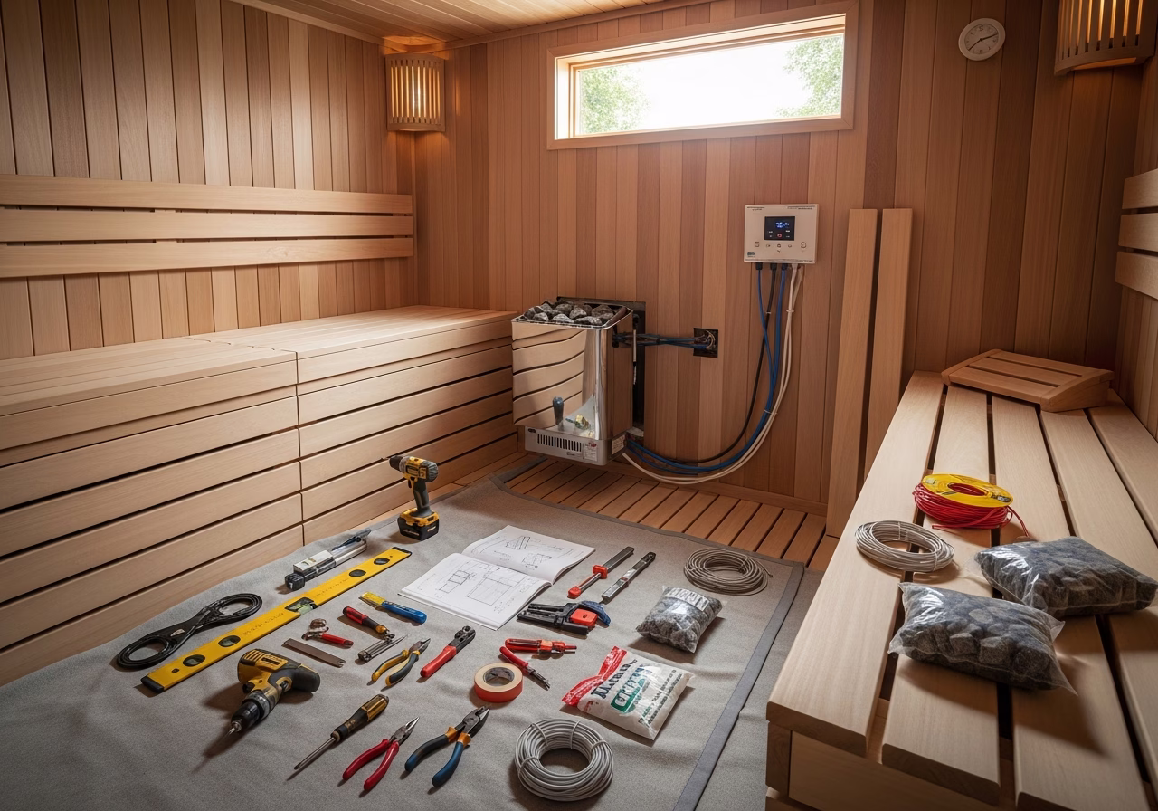 Tools and materials staged for sauna heater installation project