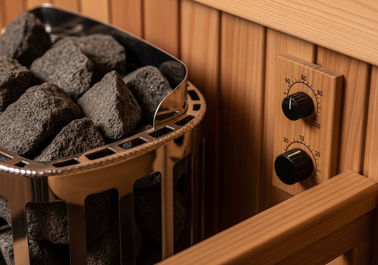 Close-up detail of professionally completed sauna heater installation work