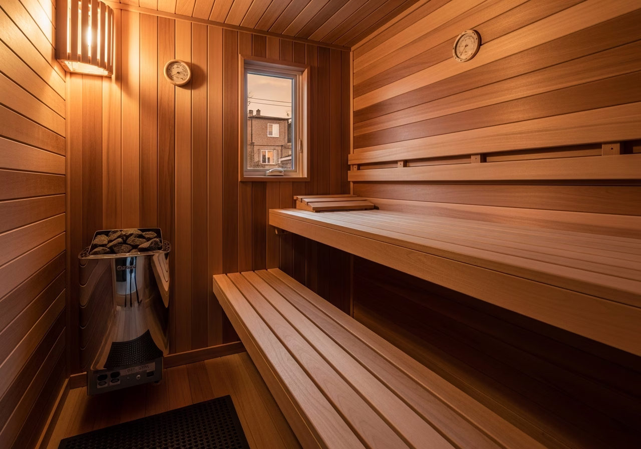 Completed sauna heater installation in Toronto home sauna interior home - finished result
