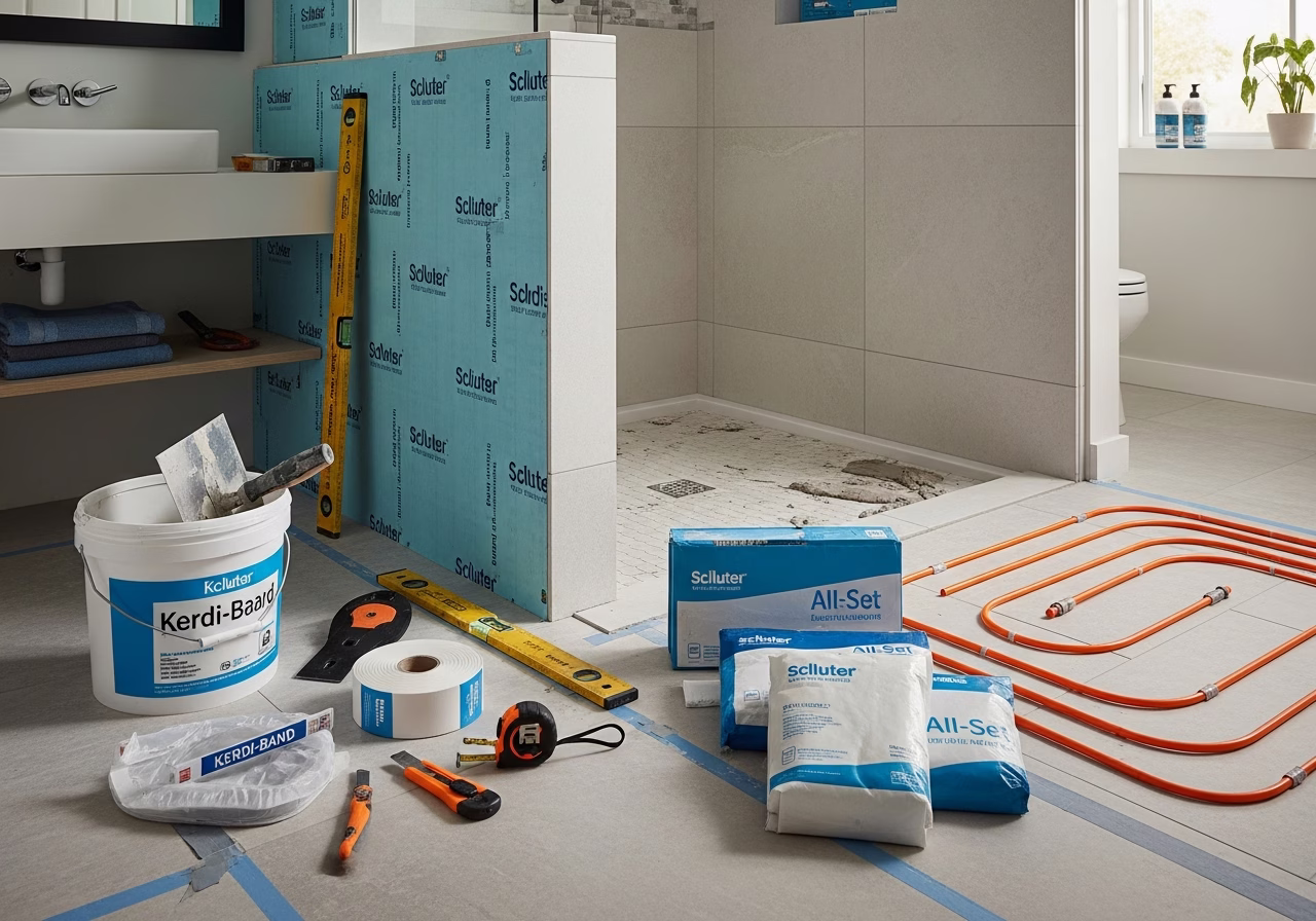 Schluter Shower System Installation in progress: tools, materials, and protective floor covering staged for a GTA kitchen and