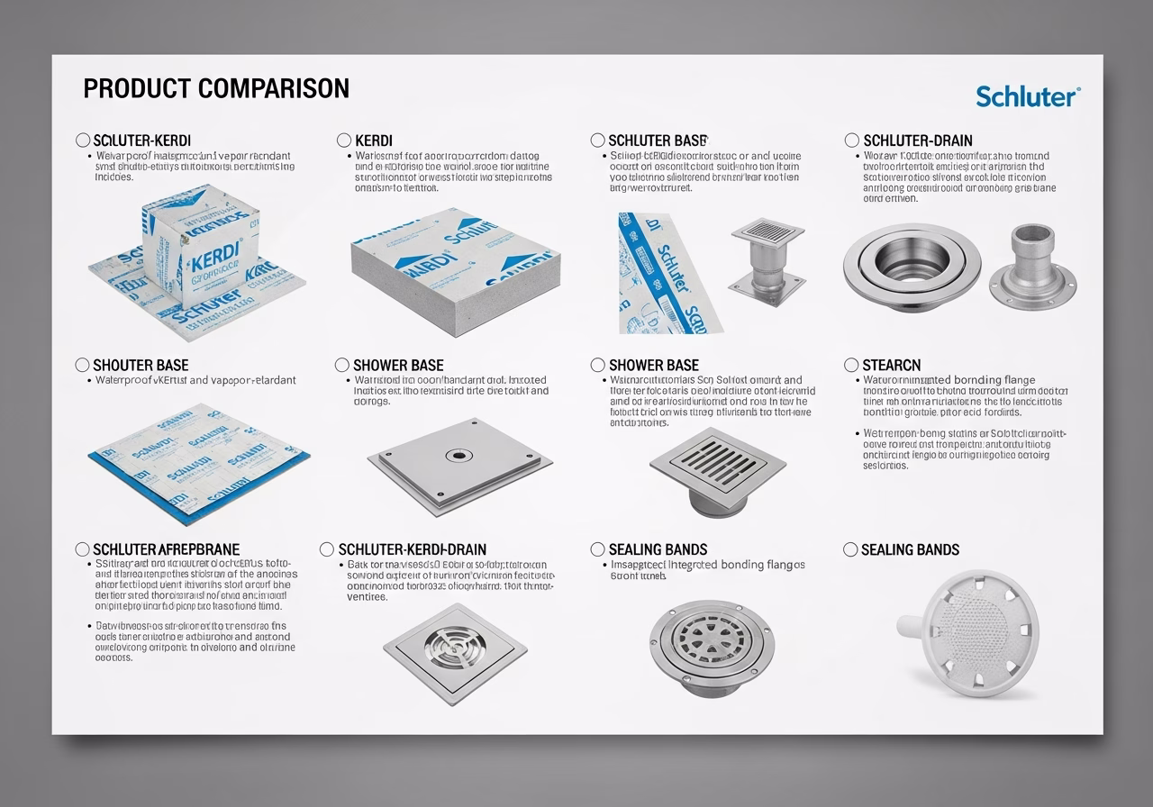 Side-by-side product and material comparison for schluter shower system installation — typical brands and finishes used in GT