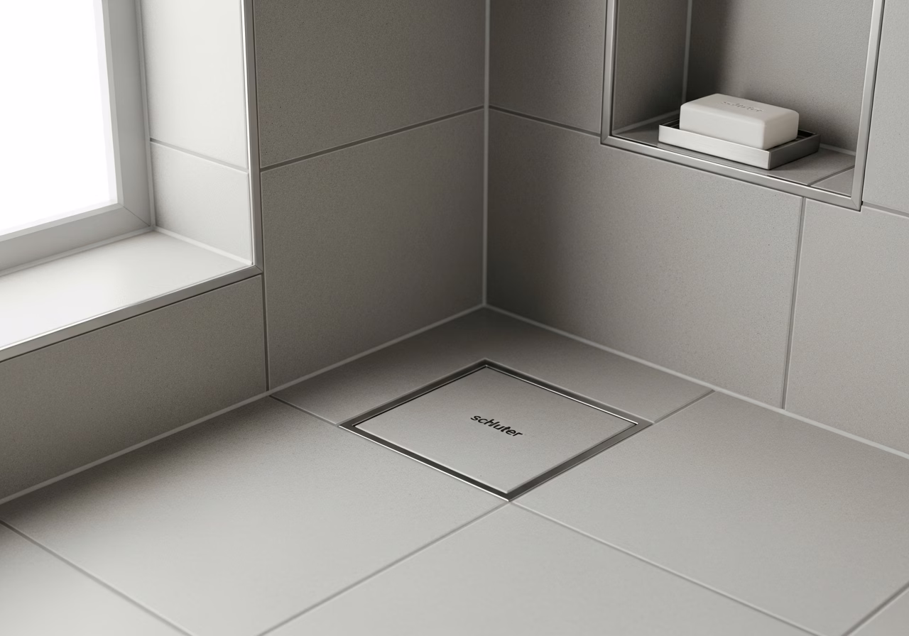 Close-up detail of professionally completed schluter shower system installation showing craftsmanship and finish quality