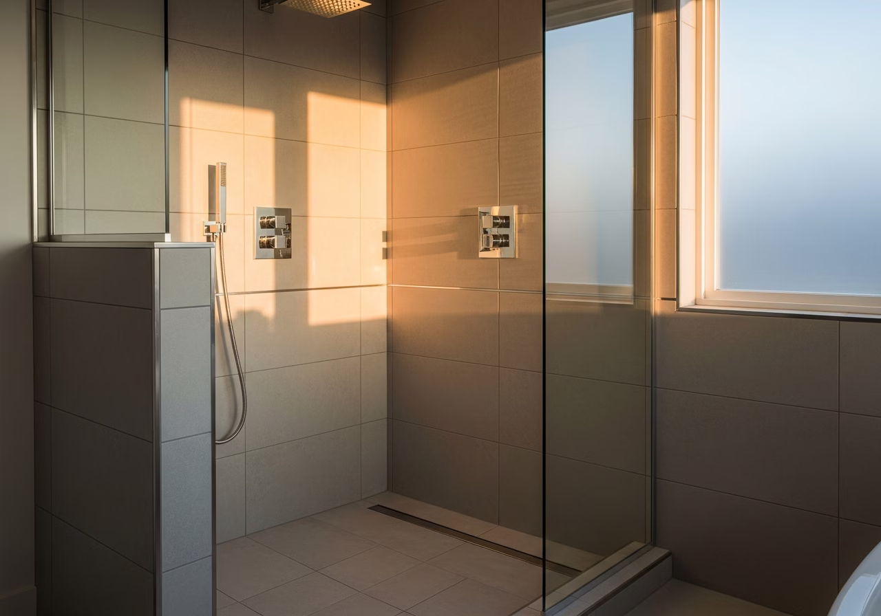 Finished schluter shower system installation result in a Toronto/GTA home, photographed in natural light