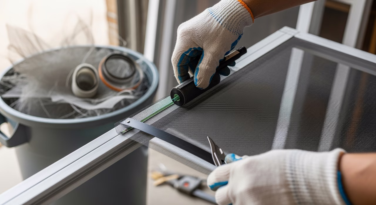 Toronto screen-door-repair specialist re-screening aluminum sliding screen-door frame with new Phifer fibreglass charcoal mesh, spline tool rolling vinyl spline into frame groove to lock new mesh in place, old torn mesh and worn spline in disposal bin
