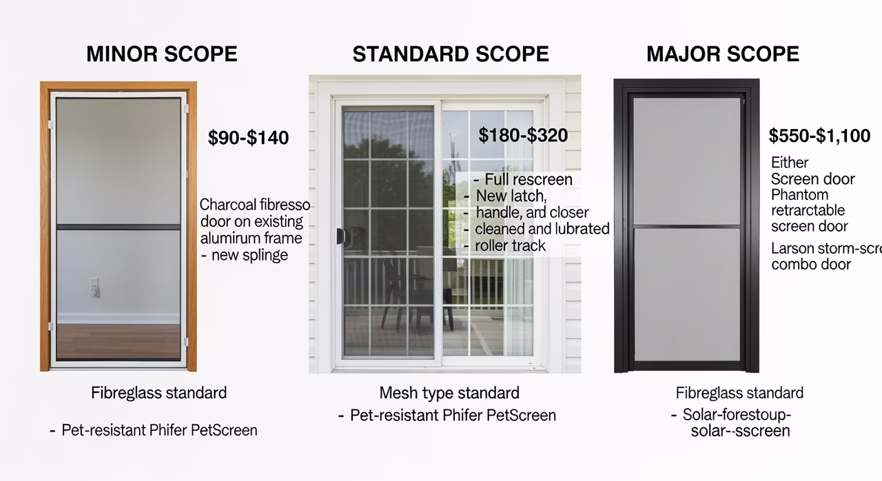 Three Toronto screen-door-repair tiers compared: minor scope single re-screen with Phifer fibreglass charcoal mesh and spline at $90-$140, standard full re-screen plus latch handle closer replacement and roller-track cleaning at $180-$320, major scope full frame replacement with Phantom Screens retractable or Larson storm-screen combo at $550-$1,100