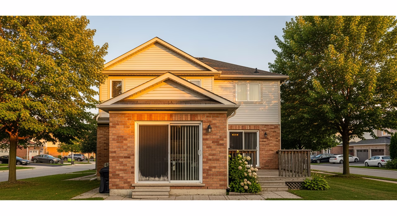 Toronto Brampton 2000s detached two-storey home with rear-deck sliding patio screen-door and mature trees on family street at golden hour where typical screen-door scopes include UV-rotted mesh replacement after 5-10 years sun exposure