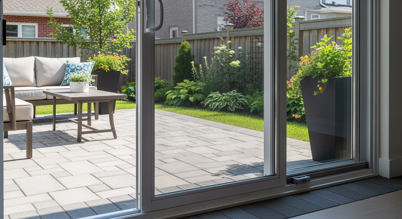 Completed Toronto rear-patio sliding screen door after repair showing crisp new Phifer fibreglass charcoal mesh in clean aluminum frame, smooth roller operation on bottom track, working magnetic latch