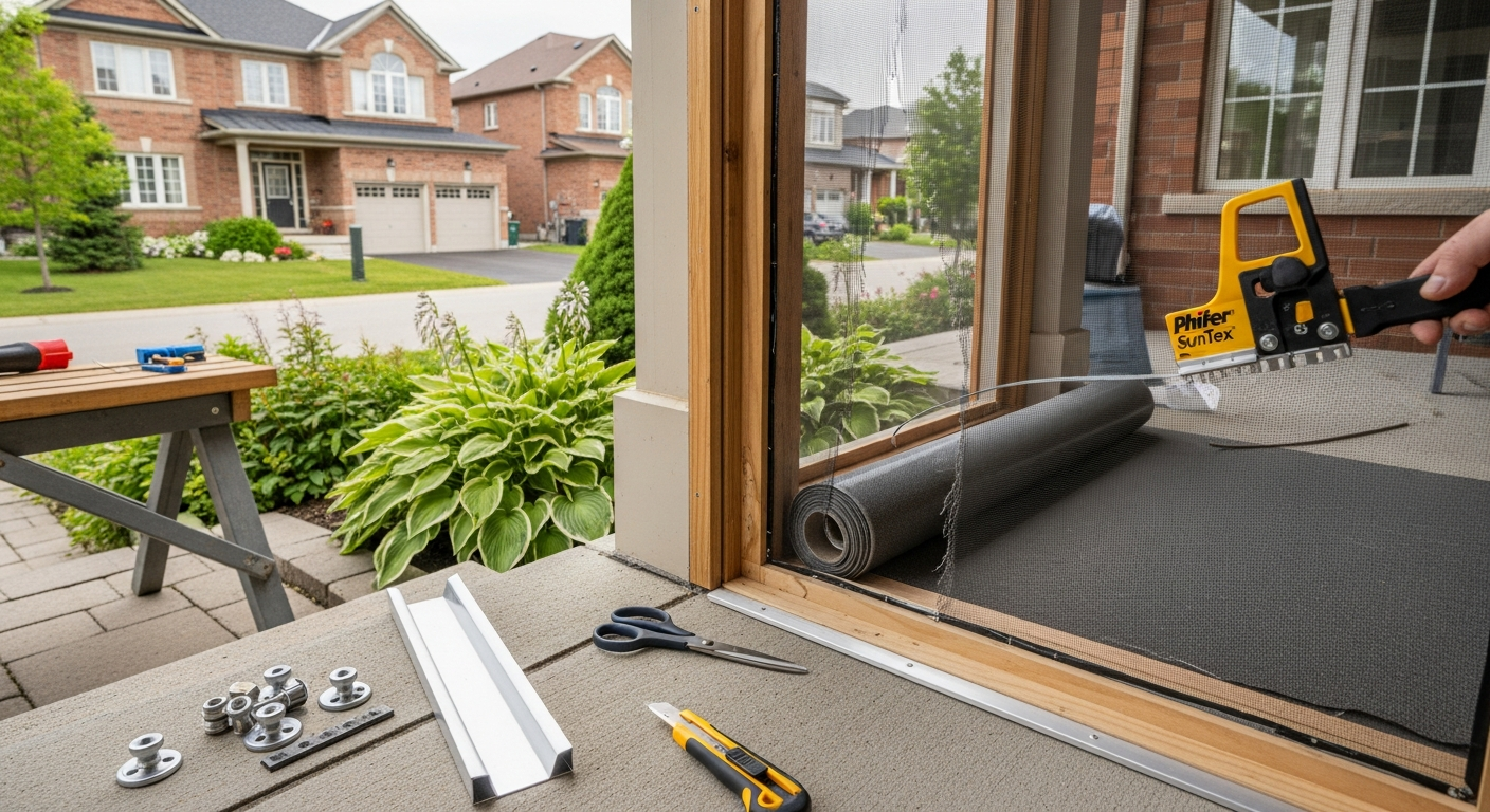 Editorial detail of a Brampton screen door repair & replacement install — visible quality finish