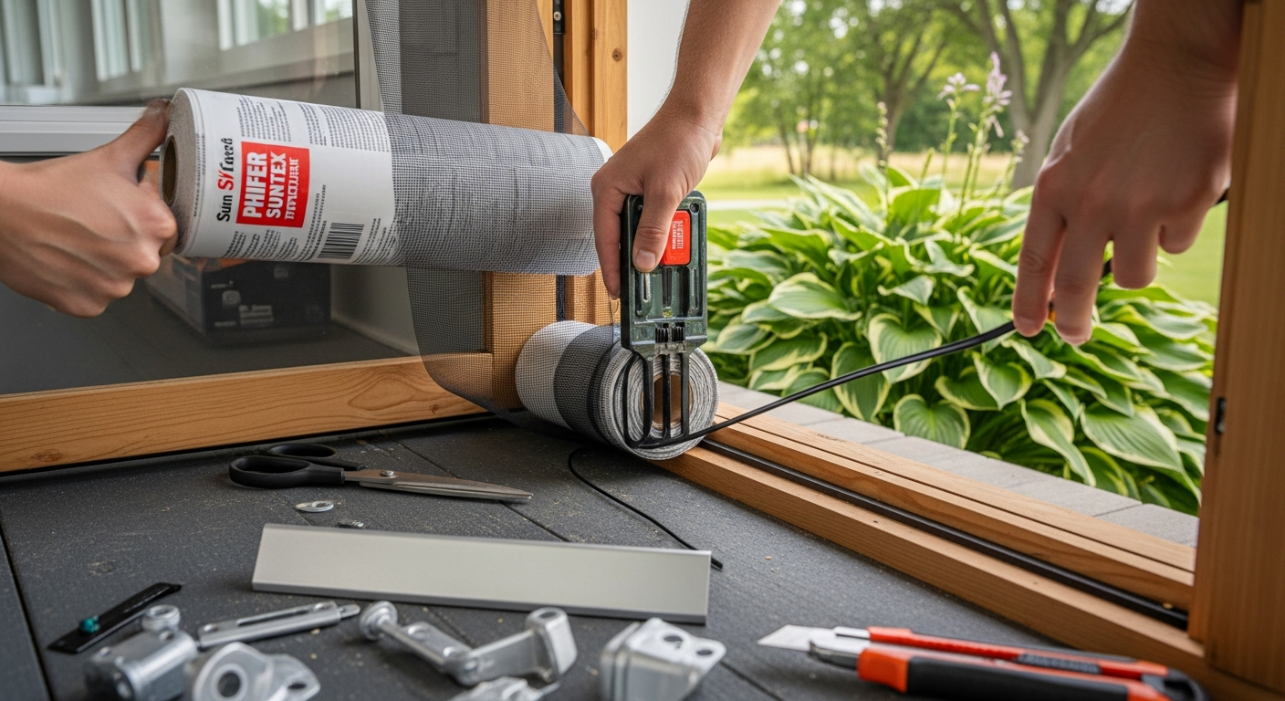 Close-up of professional screen door repair & replacement work delivered in Brock