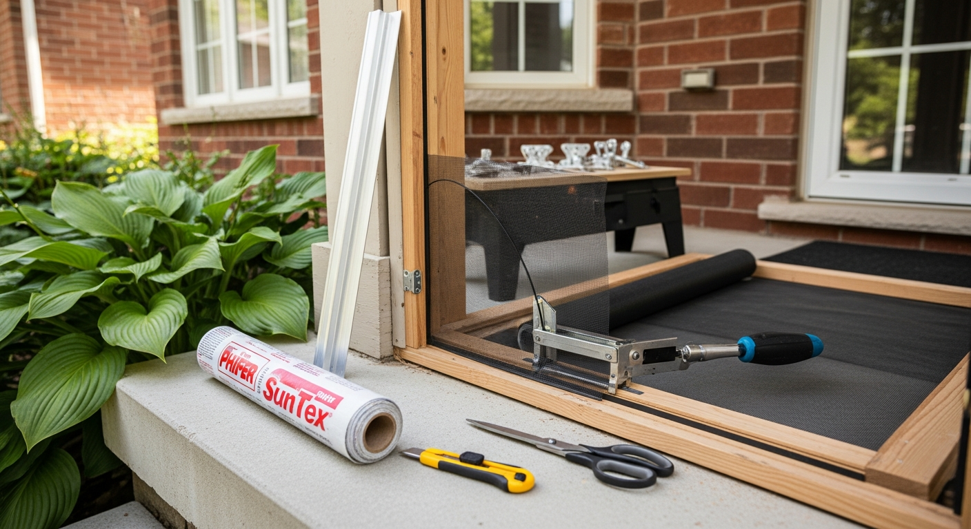 Editorial detail of a Clarington screen door repair & replacement install — visible quality finish
