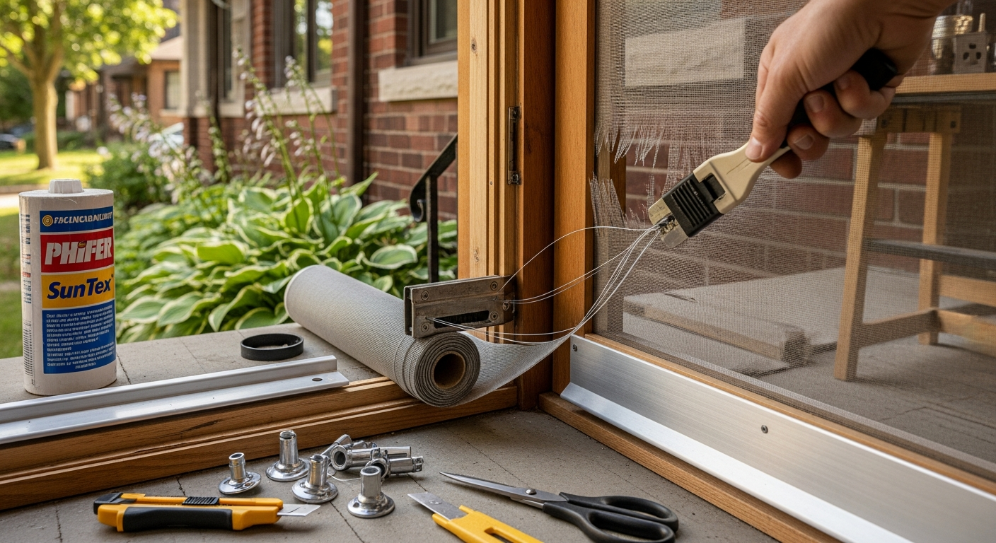 Detail view of a screen door repair & replacement job finished in Etobicoke — expert craftsmanship