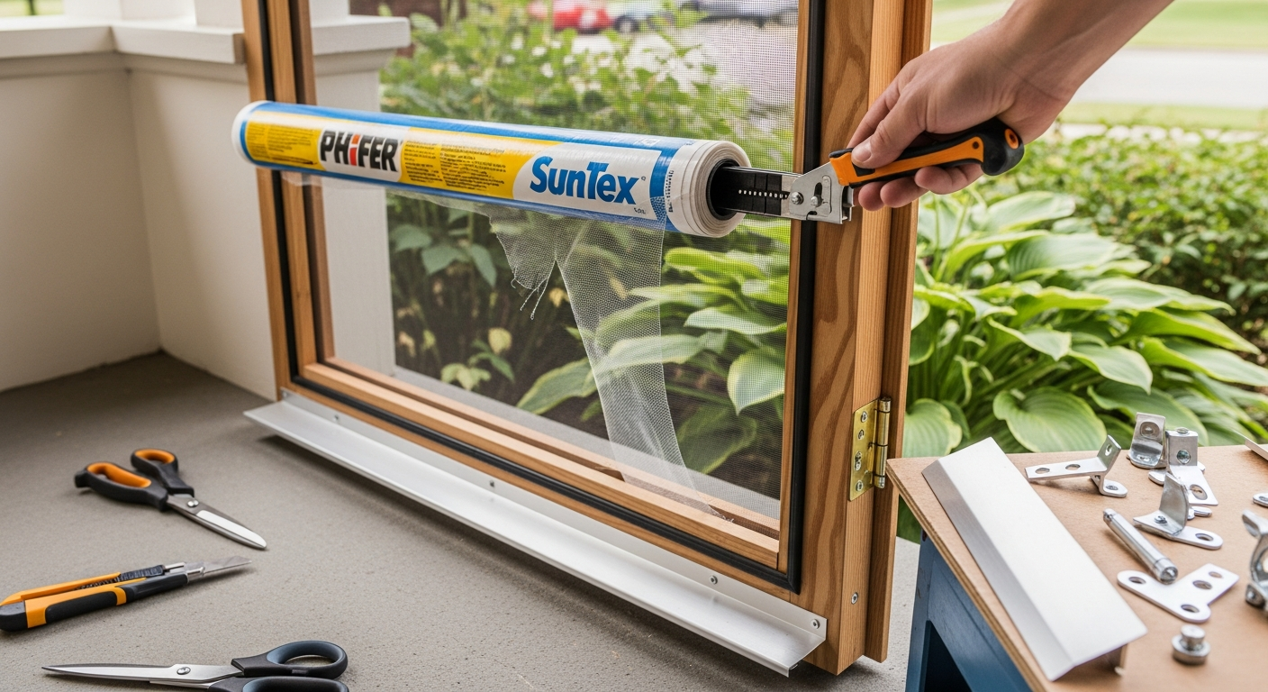Close-up of professional screen door repair & replacement work delivered in Georgetown
