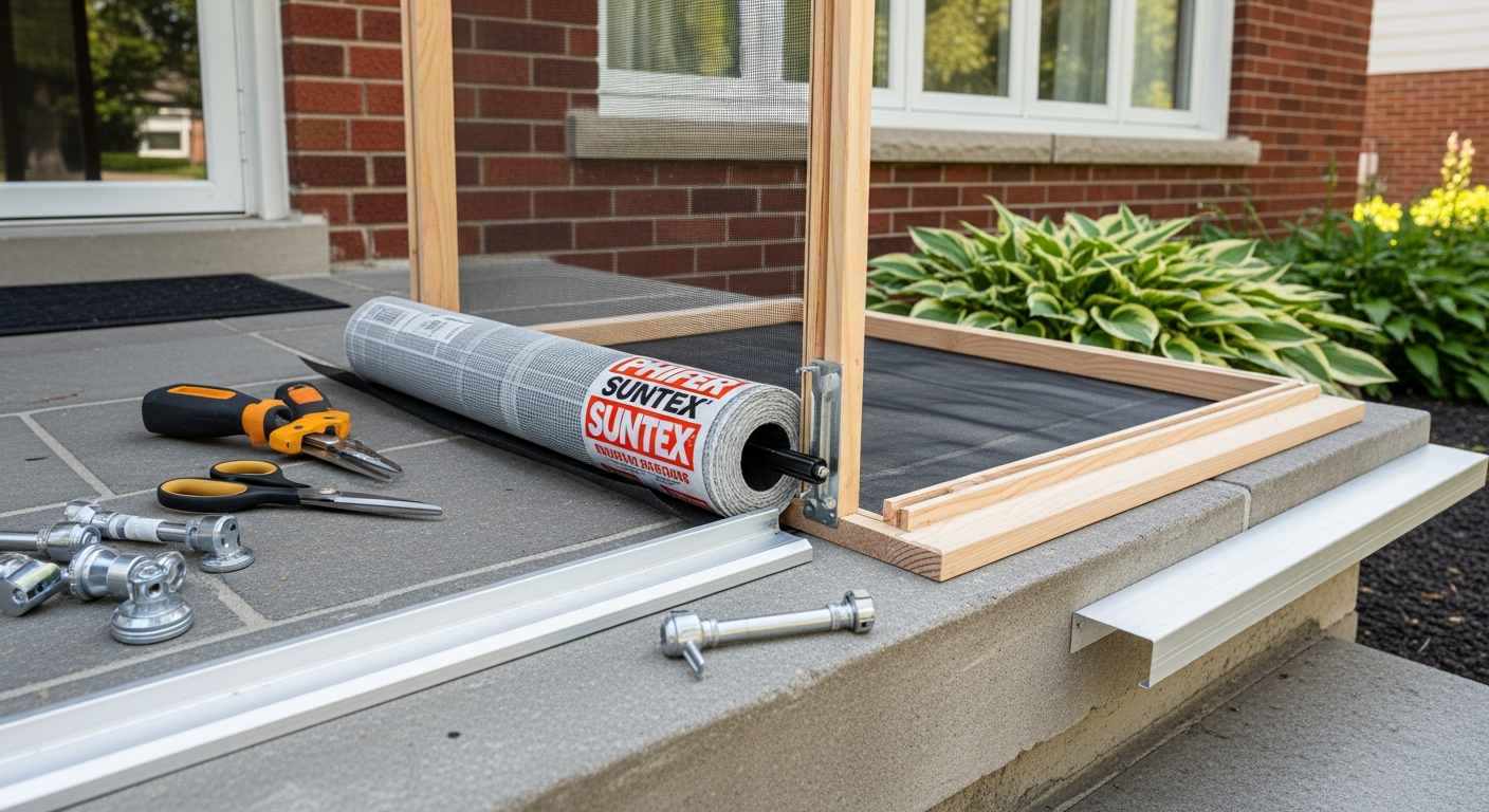 Close-up of professional screen door repair & replacement work delivered in Scarborough