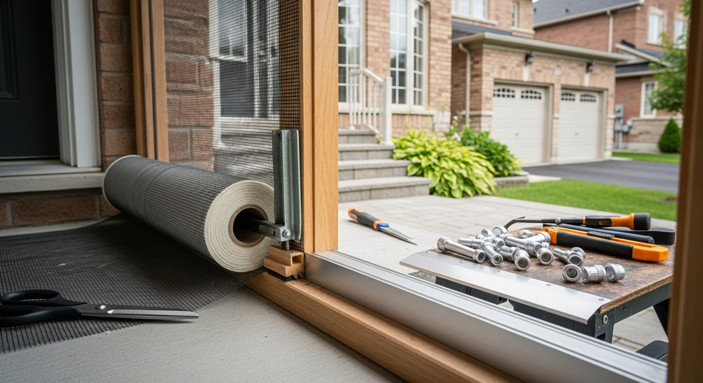 Detail view of a screen door repair & replacement job finished in Whitby — expert craftsmanship