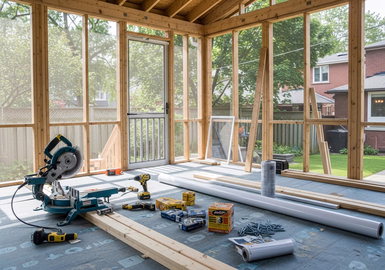 Screen Porch Installation in progress: tools, materials, and protective floor covering staged for a Toronto exterior work