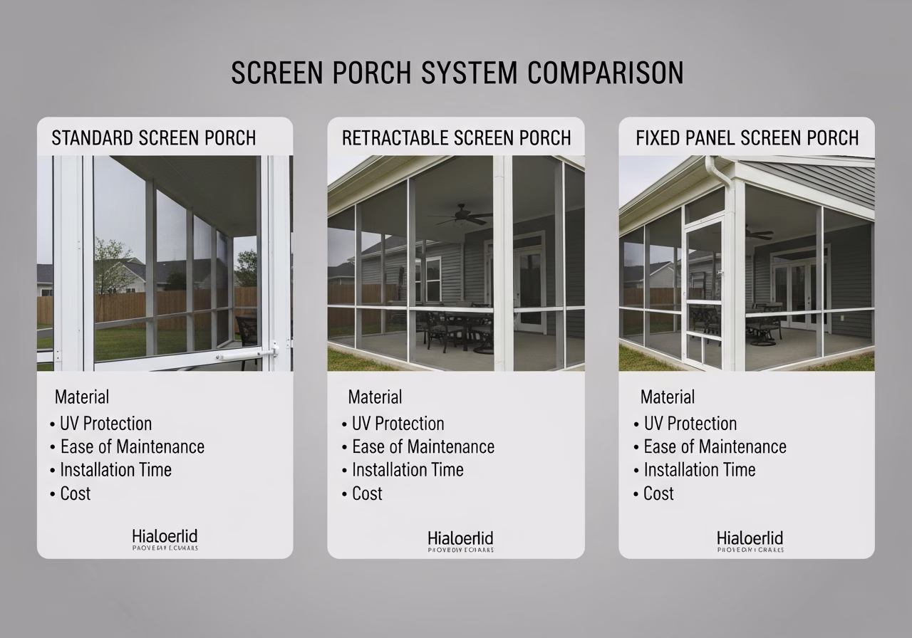 Side-by-side product and material comparison for screen porch installation — typical brands and finishes used in Toronto exte