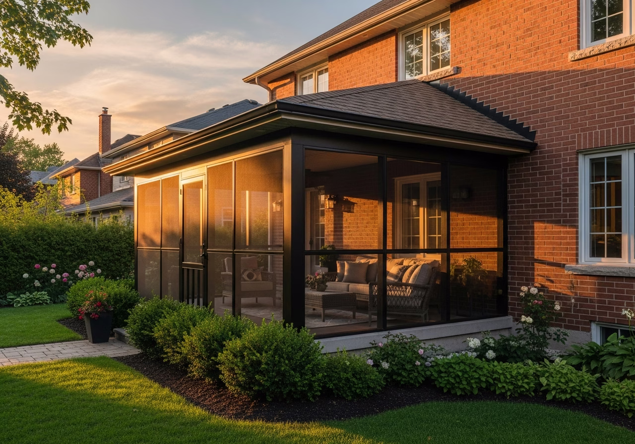 Finished screen porch installation result in a Toronto/GTA home, photographed in natural light