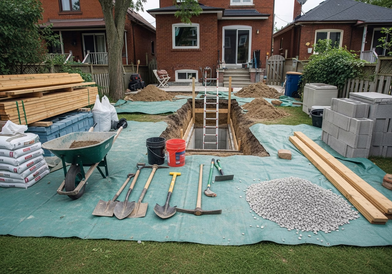 Second Egress for Basement Apartment in progress: tools, materials, and protective floor covering staged for a GTA ARU conver