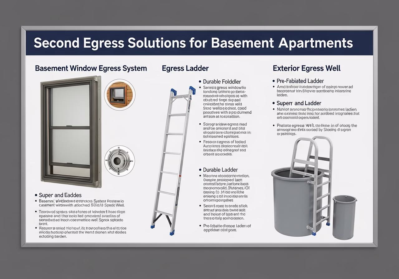 Side-by-side product and material comparison for second egress for basement apartment — typical brands and finishes used in G