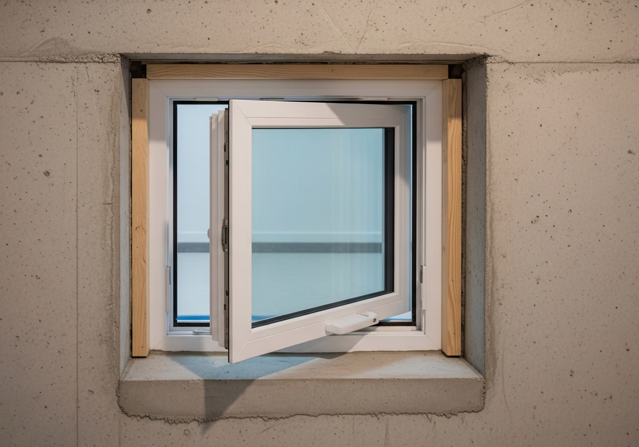 Close-up detail of professionally completed second egress for basement apartment showing craftsmanship and finish quality