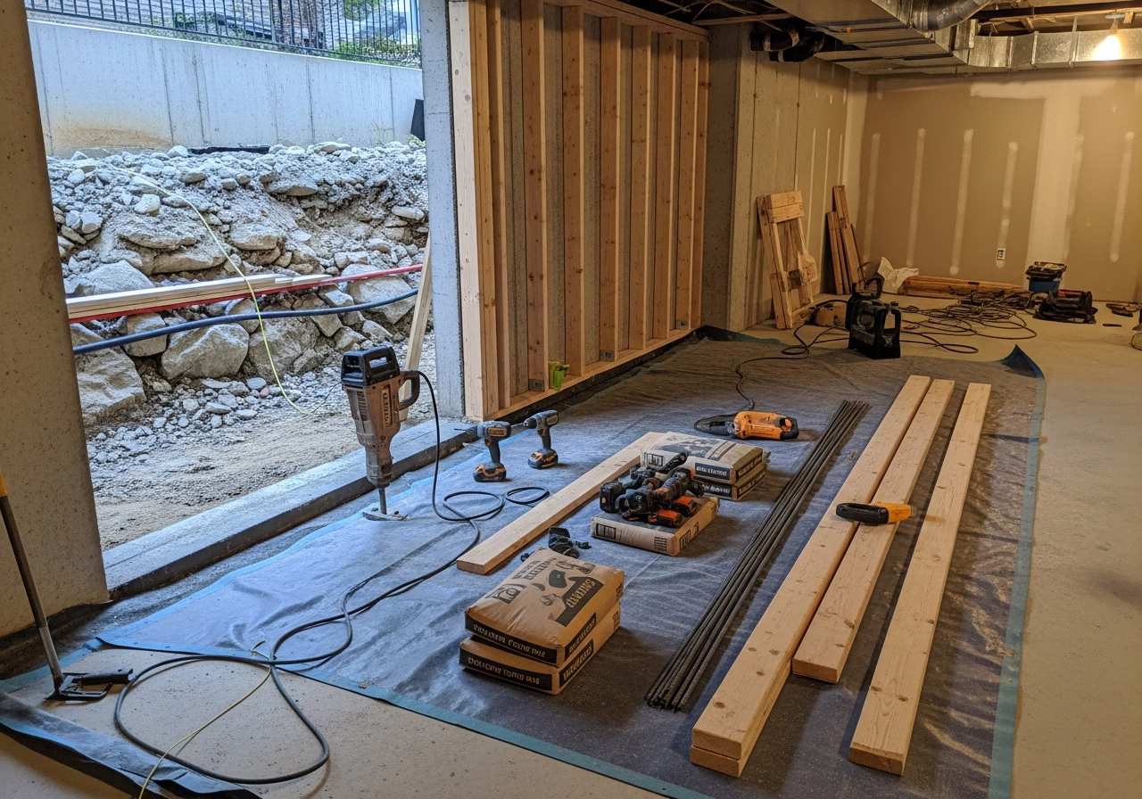 Second Egress for ARU Compliance in progress: tools, materials, and protective floor covering staged for a GTA ARU conversion