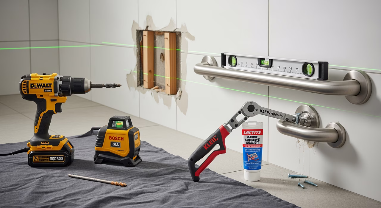Toronto senior-home-safety contractor installing OBC 3.8 compliant Moen Home Care peened stainless 18-inch grab bar with DeWalt cordless drill, Bosch GLL self-levelling laser at 32-38 inch height, Klein torque wrench
