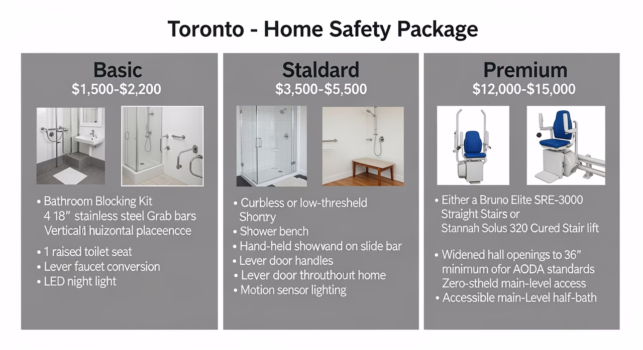 Three Toronto senior-home-safety package tiers compared: basic 1500-2200 grab bars plus lever faucet, standard 3500-5500 curbless shower plus motion lighting, premium 12000-15000 stair lift plus widened halls on catalogue grey board