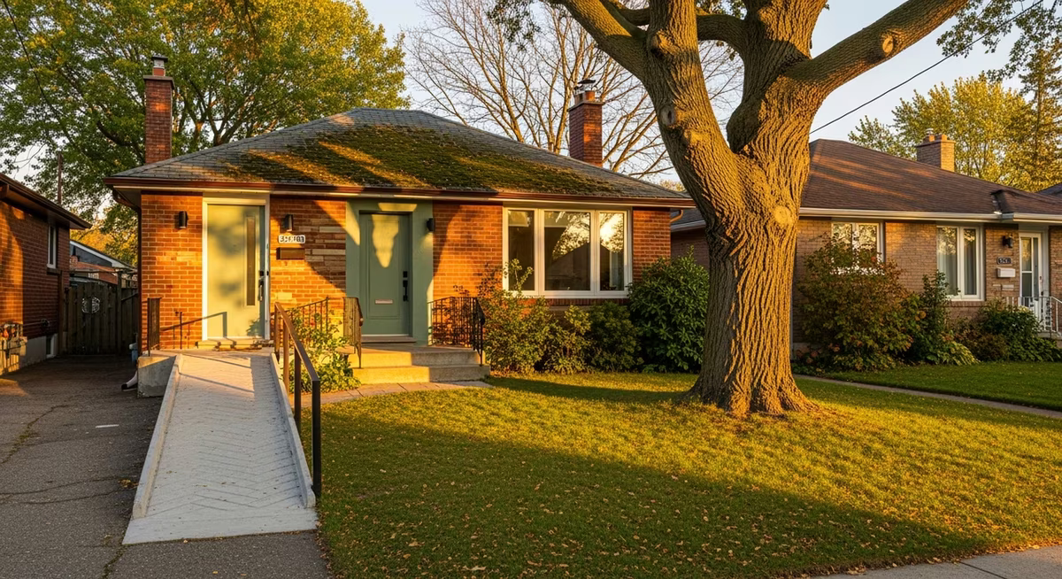 Toronto Scarborough 1960s detached aging-in-place bungalow on quiet senior-friendly street with mature trees and wheelchair ramp at golden hour where 70-plus homeowner books standard 3500-5500 safety package with HATC and HAFI rebates