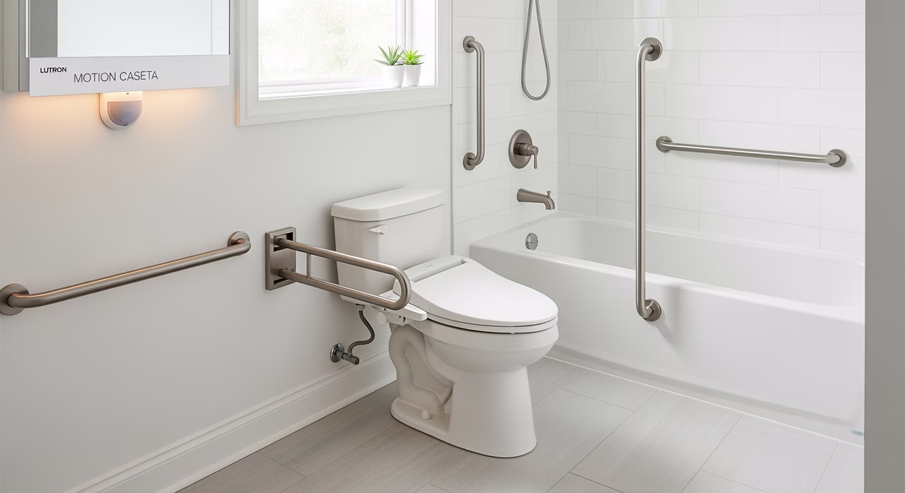 Completed Toronto Scarborough bungalow main-bathroom after senior-home-safety retrofit showing two Moen Home Care grab bars at horizontal 33-inch and vertical shower-entry positions, comfort-height Toto Drake toilet, lever Moen Brantford faucet, slip-resistant tile DCOF 0.42, Lutron Caseta motion LED