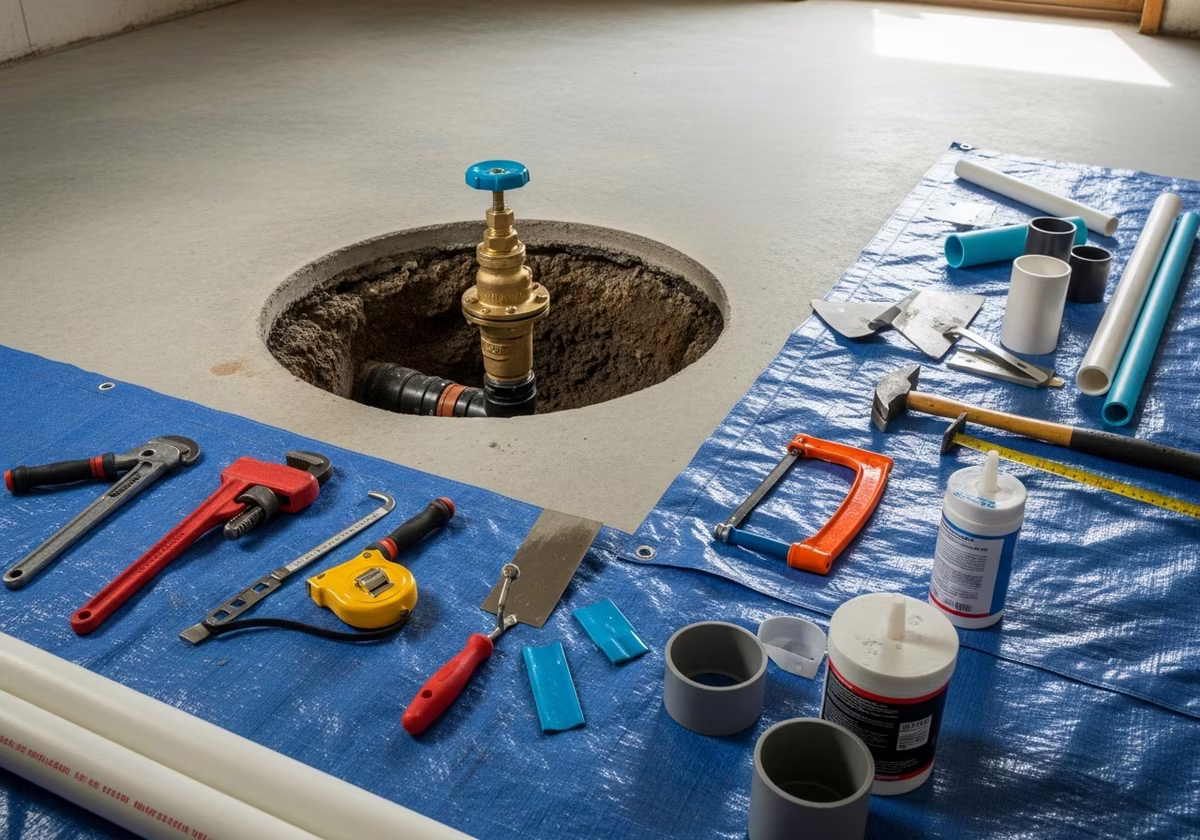 Tools and materials staged for sewer backwater valve installation project