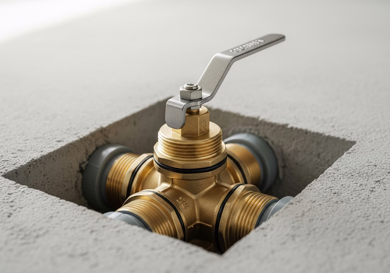 Close-up detail of professionally completed sewer backwater valve installation work
