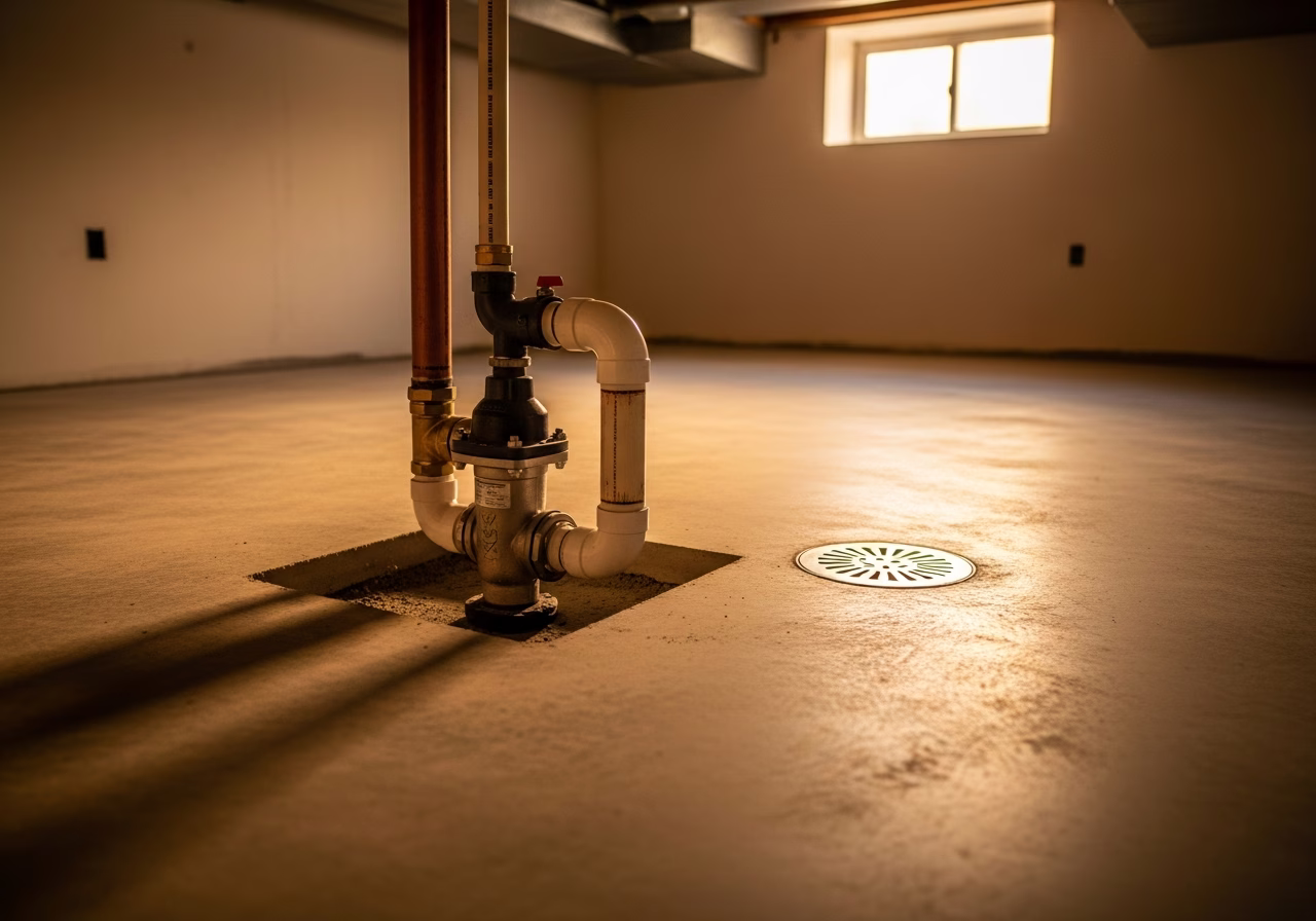 Completed sewer backwater valve installation in Toronto basement concrete floor home - finished result