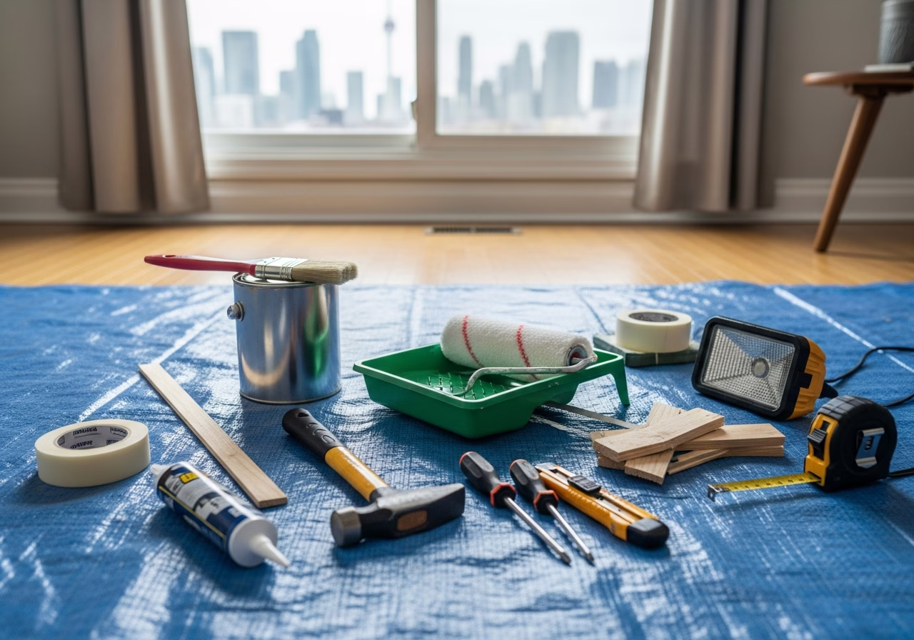 Small Home Repairs tools and materials staged in Toronto home