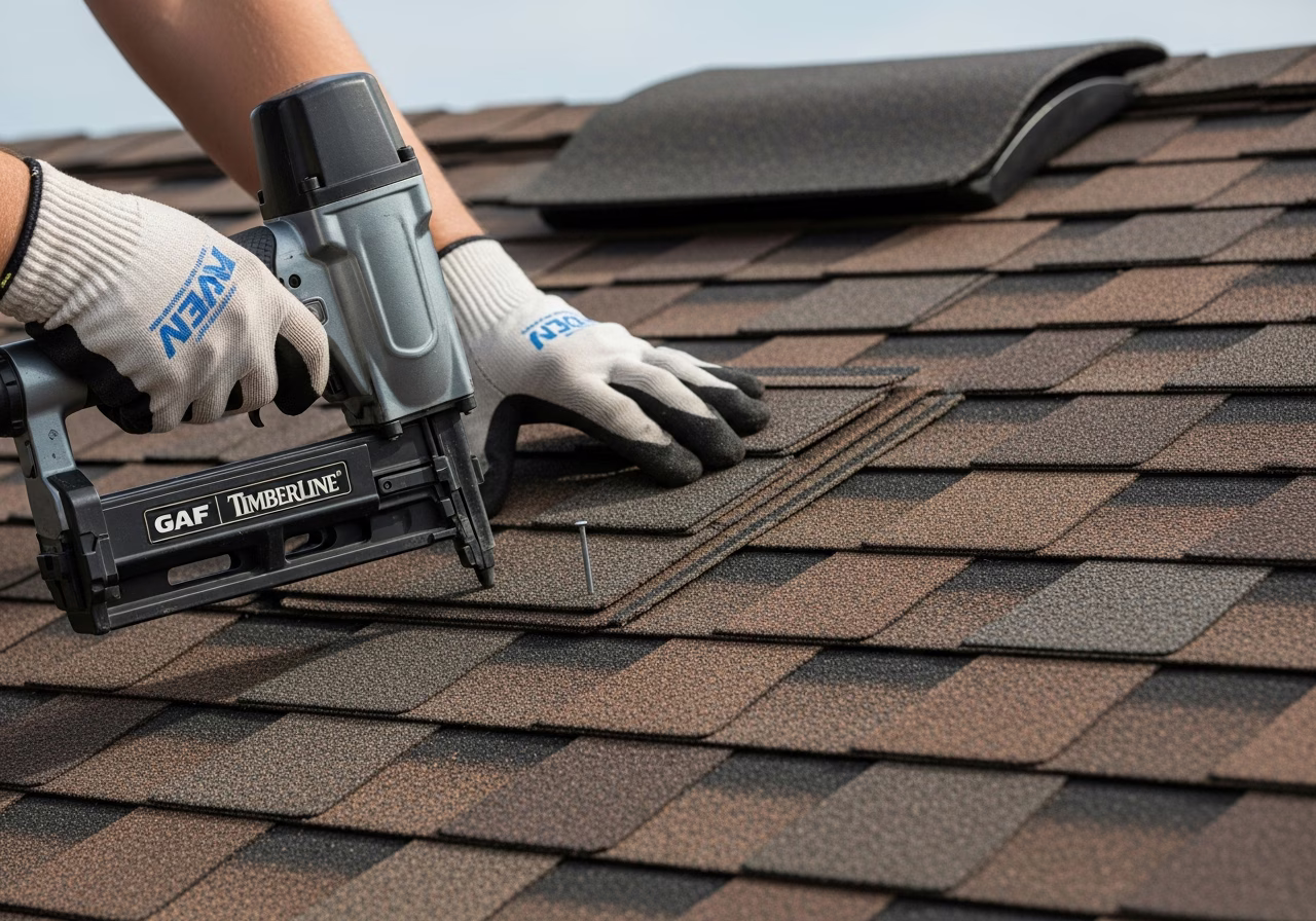 Nailing GAF Timberline HDZ architectural shingle on Toronto roof — ridge cap above