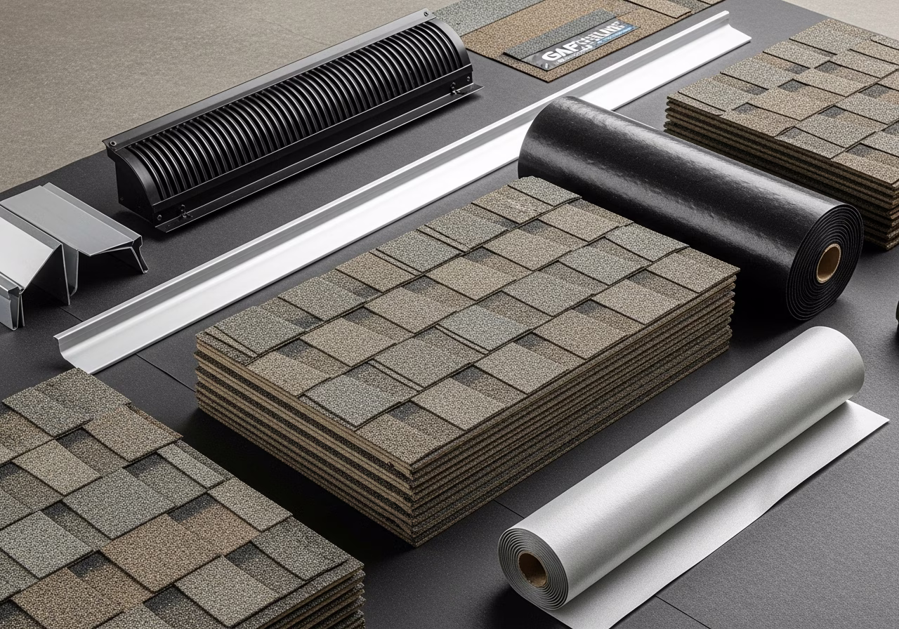 Roofing materials — GAF Timberline shingles, ice/water shield, drip edge, ridge vent