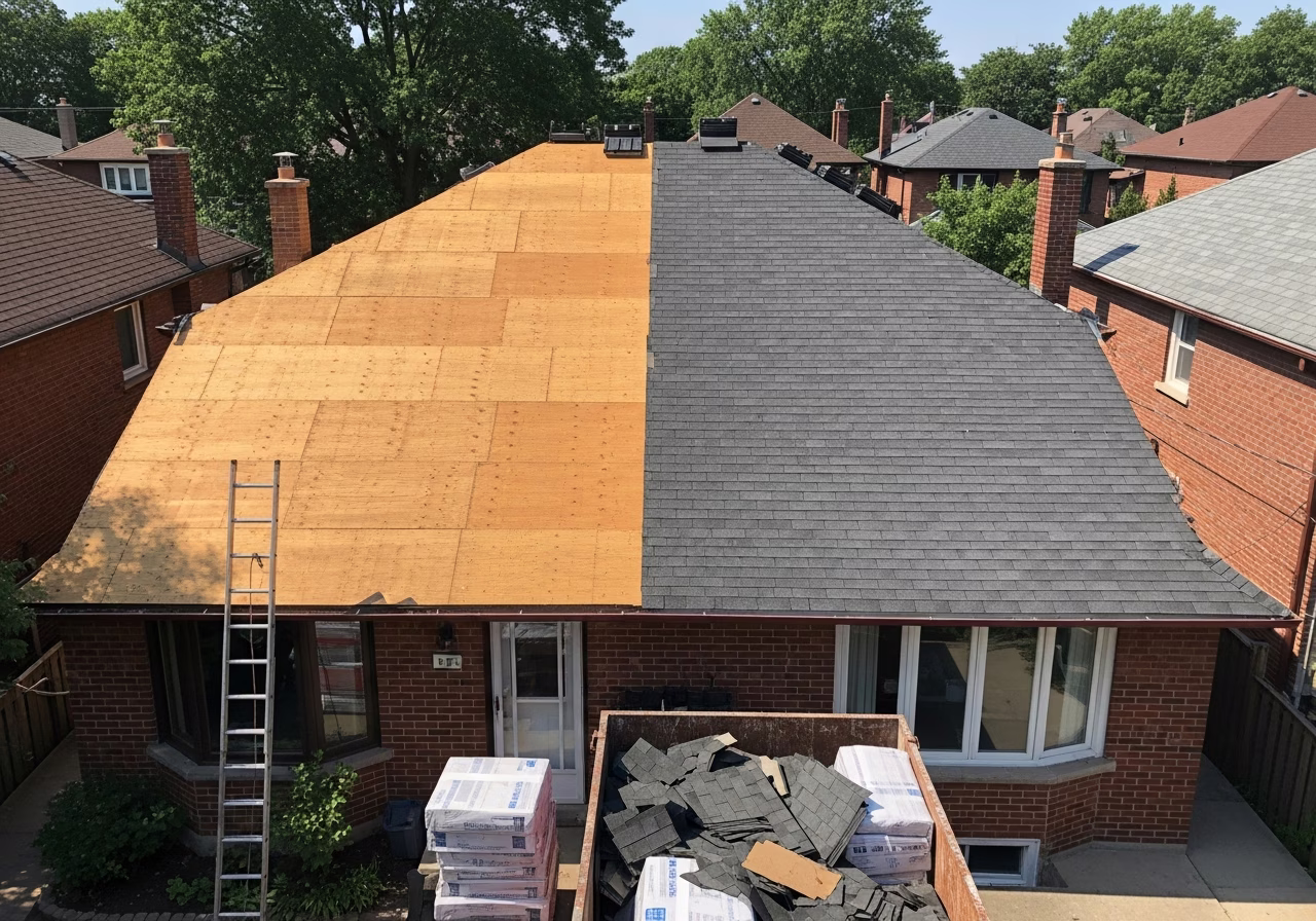 Toronto roof mid-replacement — half stripped, half fresh GAF Timberline shingles