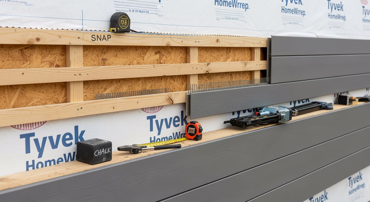 Toronto siding installer fastening James Hardie HardiePlank ColorPlus 6-inch lap fibre-cement siding to 3/8-inch rainscreen strapping over Henry Blueskin VP100 self-adhered weather-resistant barrier with 1-1/4-inch hot-dipped galvanized siding nail per HardiePlank install spec, mitered corners and kick-out flashings visible